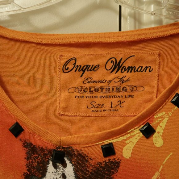 Beautiful 1X long sleeve top, black beading at collar Orange with Bats & Ghosts - Picture 2 of 2